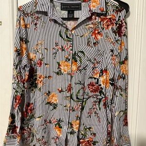 Polly & Esther Floral Striped Button Down Shirt - Orange and Black